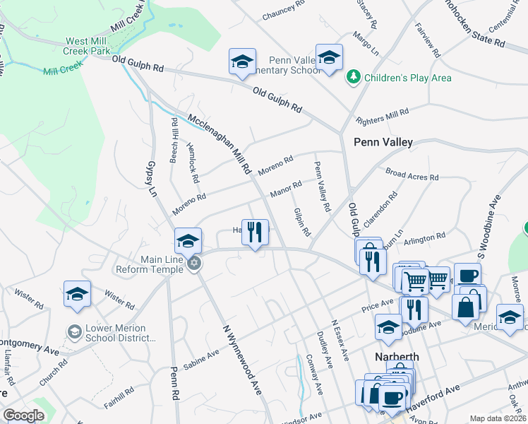map of restaurants, bars, coffee shops, grocery stores, and more near 404 McClenaghan Mill Road in Wynnewood