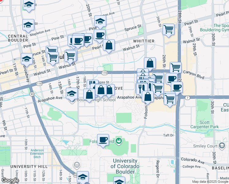 map of restaurants, bars, coffee shops, grocery stores, and more near 2129 Grove Circle East in Boulder