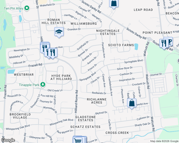 map of restaurants, bars, coffee shops, grocery stores, and more near 5241 Frisco Drive in Hilliard