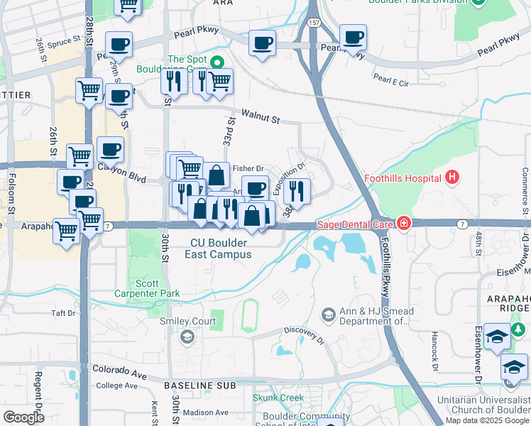 map of restaurants, bars, coffee shops, grocery stores, and more near 3601 Arapahoe Avenue in Boulder