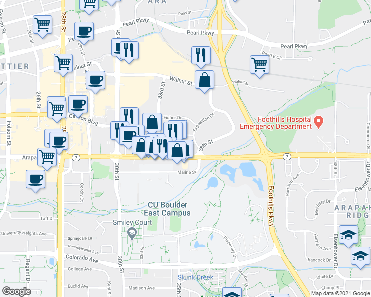 map of restaurants, bars, coffee shops, grocery stores, and more near 3601 Arapahoe Avenue in Boulder