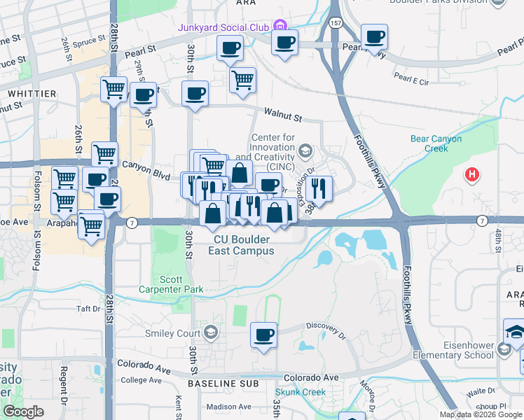 map of restaurants, bars, coffee shops, grocery stores, and more near 3301 Arapahoe Avenue in Boulder