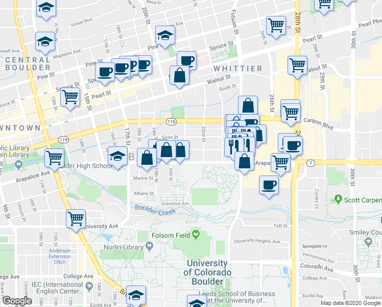 map of restaurants, bars, coffee shops, grocery stores, and more near 2129 Grove Circle East in Boulder