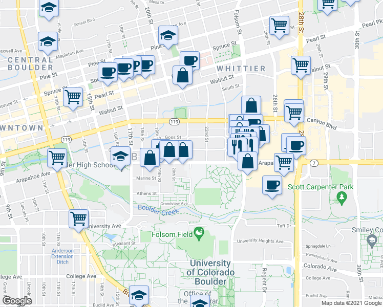 map of restaurants, bars, coffee shops, grocery stores, and more near 2129 Grove Circle East in Boulder