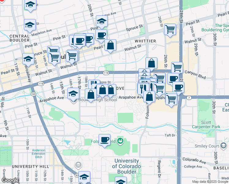 map of restaurants, bars, coffee shops, grocery stores, and more near 2129 Grove Circle East in Boulder