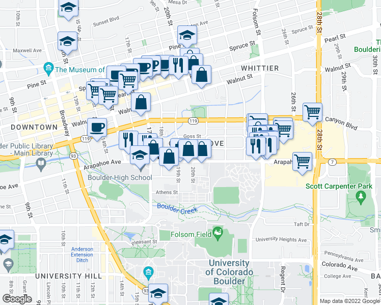 map of restaurants, bars, coffee shops, grocery stores, and more near in Boulder