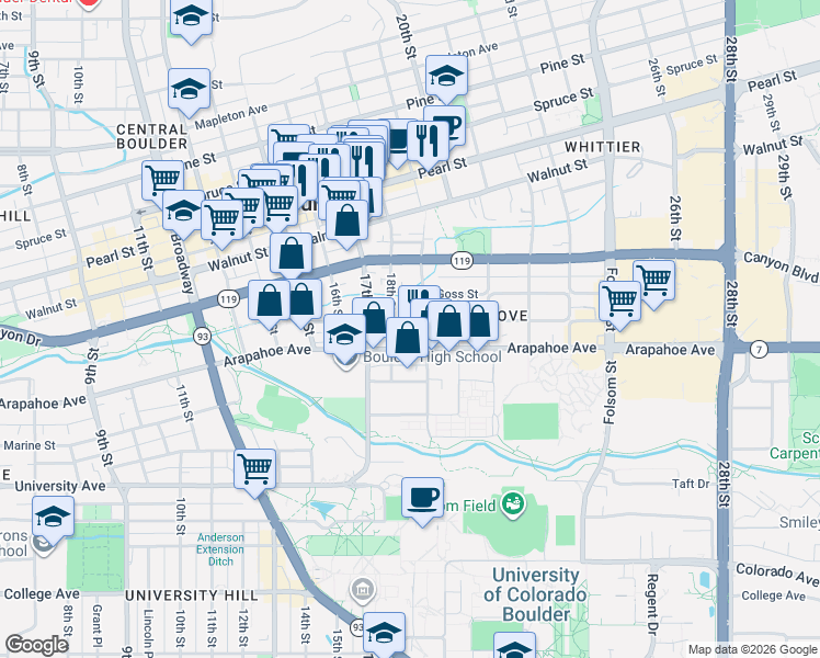 map of restaurants, bars, coffee shops, grocery stores, and more near 1803 Grove Street in Boulder
