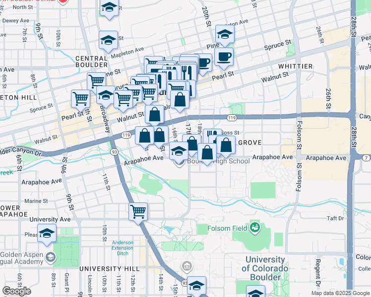 map of restaurants, bars, coffee shops, grocery stores, and more near 1631 Grove Street in Boulder