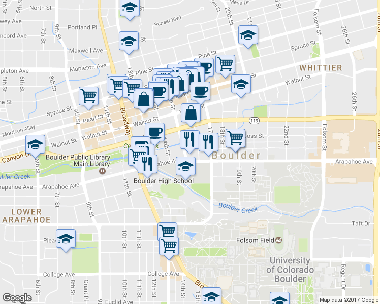map of restaurants, bars, coffee shops, grocery stores, and more near 1511 Grove Street in Boulder