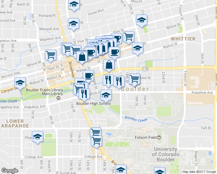 map of restaurants, bars, coffee shops, grocery stores, and more near 1522 Grove Street in Boulder