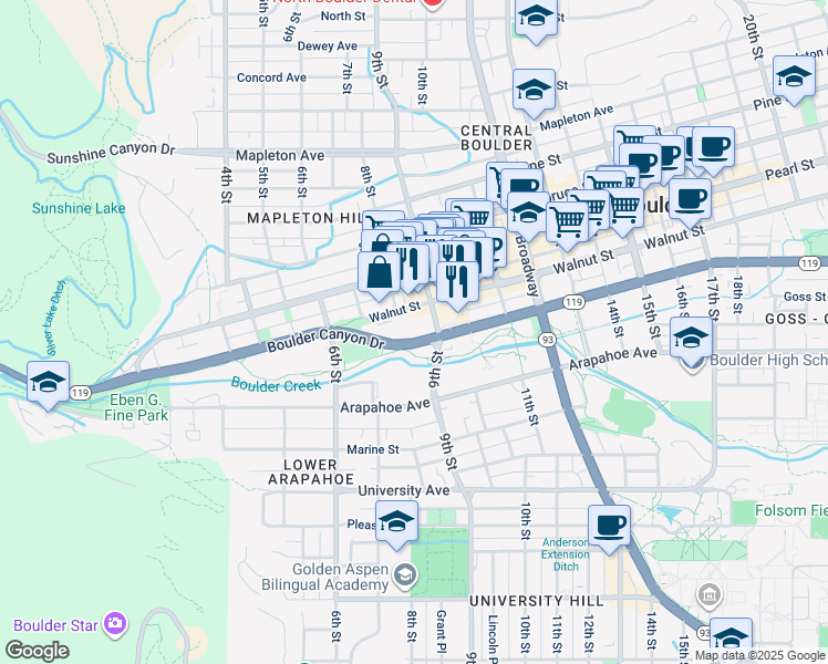 map of restaurants, bars, coffee shops, grocery stores, and more near 1881 9th Street in Boulder