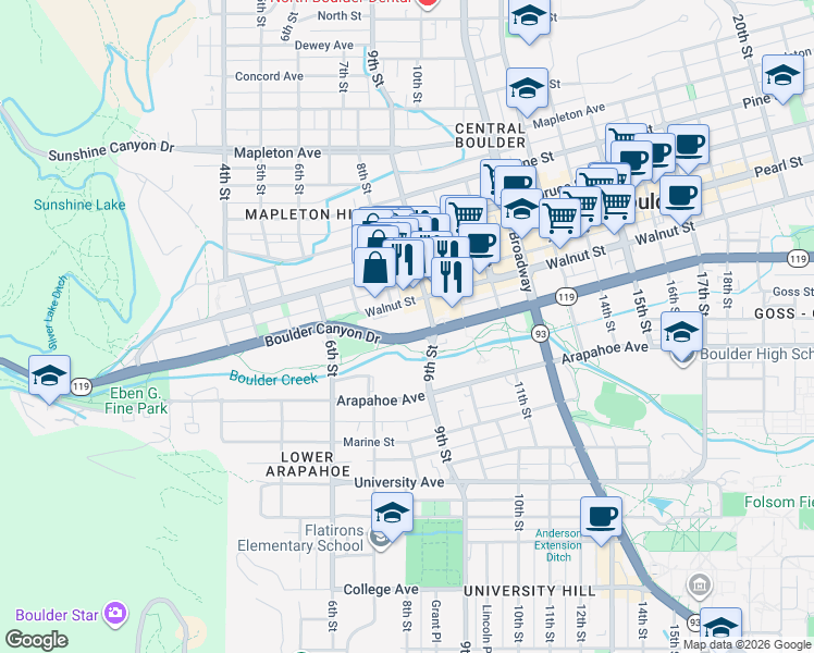 map of restaurants, bars, coffee shops, grocery stores, and more near 750 Walnut Street in Boulder