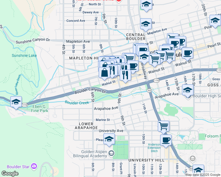 map of restaurants, bars, coffee shops, grocery stores, and more near 750 Walnut Street in Boulder