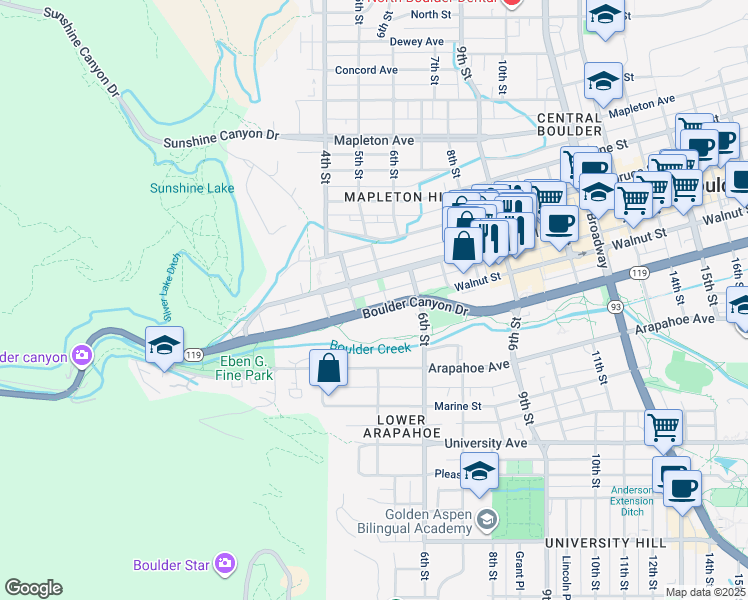 map of restaurants, bars, coffee shops, grocery stores, and more near 430 Pearl Street in Boulder