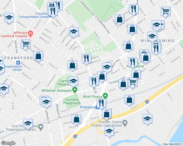 map of restaurants, bars, coffee shops, grocery stores, and more near 5226 Glenloch Street in Philadelphia