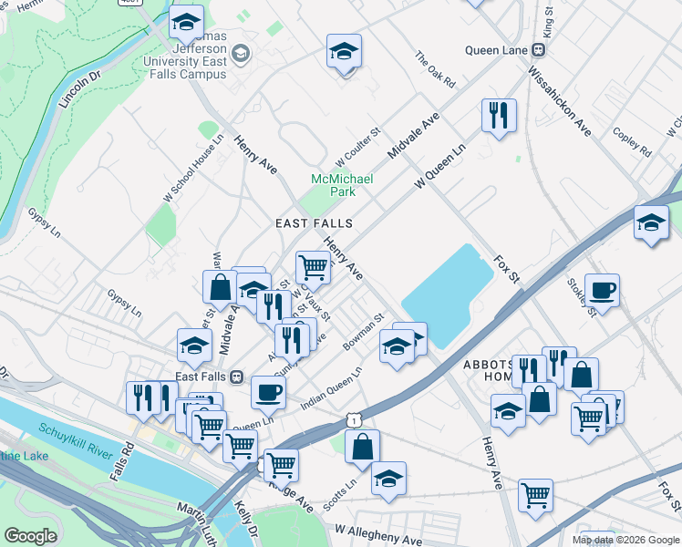 map of restaurants, bars, coffee shops, grocery stores, and more near 3304 West Queen Lane in Philadelphia