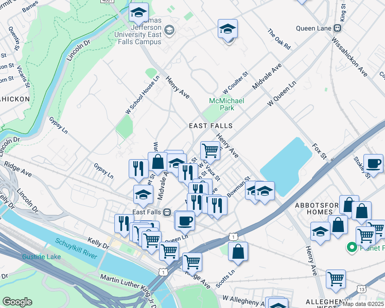 map of restaurants, bars, coffee shops, grocery stores, and more near 3402 Midvale Avenue in Philadelphia