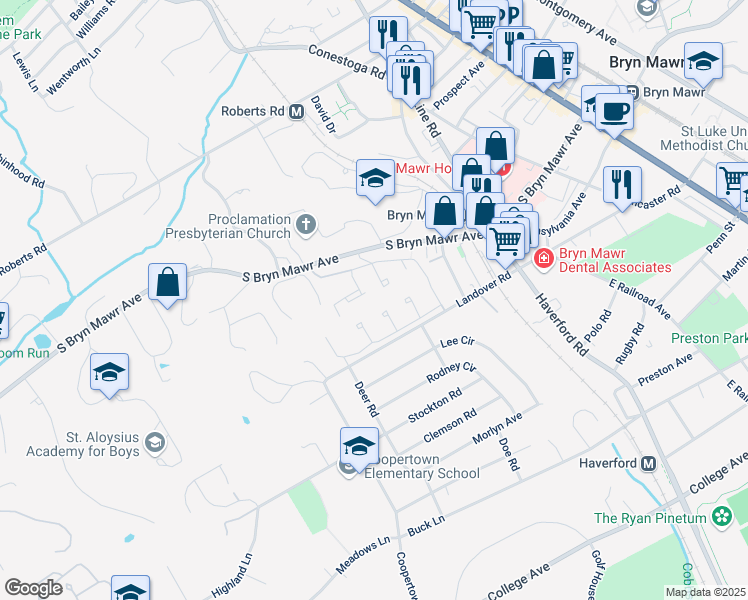 map of restaurants, bars, coffee shops, grocery stores, and more near 275 South Bryn Mawr Avenue in Bryn Mawr