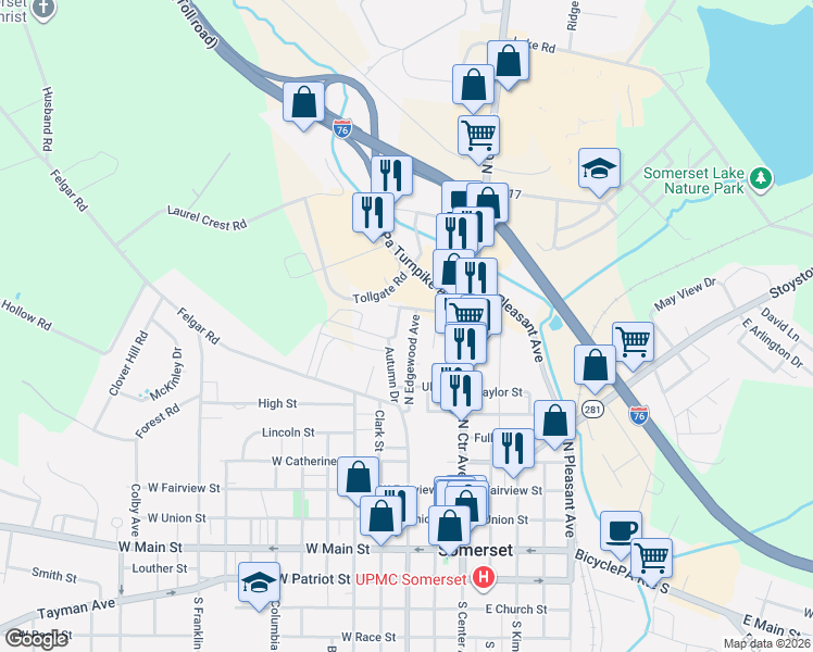 map of restaurants, bars, coffee shops, grocery stores, and more near 233 Harmon Street in Somerset