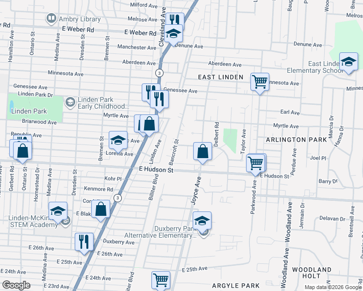 map of restaurants, bars, coffee shops, grocery stores, and more near 2357 Bancroft Street in Columbus