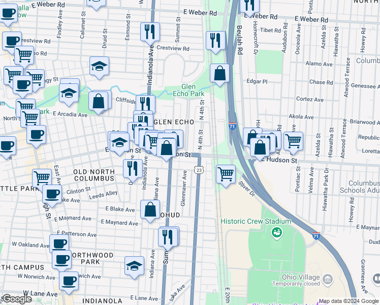 map of restaurants, bars, coffee shops, grocery stores, and more near 2525 North 4th Street in Columbus