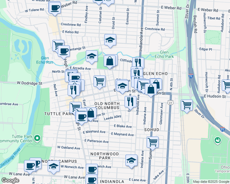 map of restaurants, bars, coffee shops, grocery stores, and more near 224 East Hudson Street in Columbus