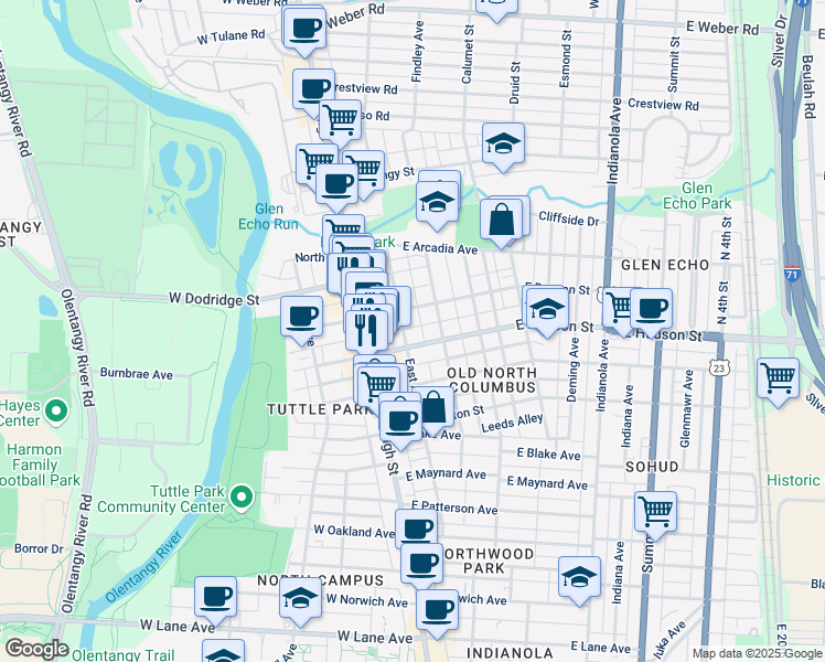 map of restaurants, bars, coffee shops, grocery stores, and more near 57 East Duncan Street in Columbus