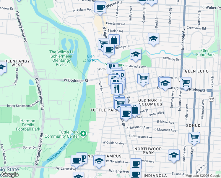 map of restaurants, bars, coffee shops, grocery stores, and more near 48 West Duncan Street in Columbus