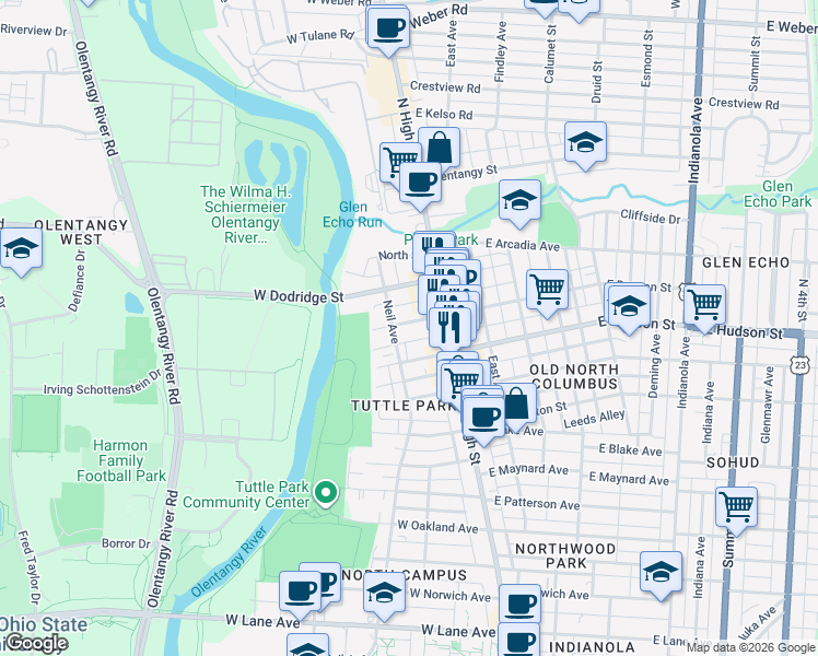 map of restaurants, bars, coffee shops, grocery stores, and more near 48 West Duncan Street in Columbus