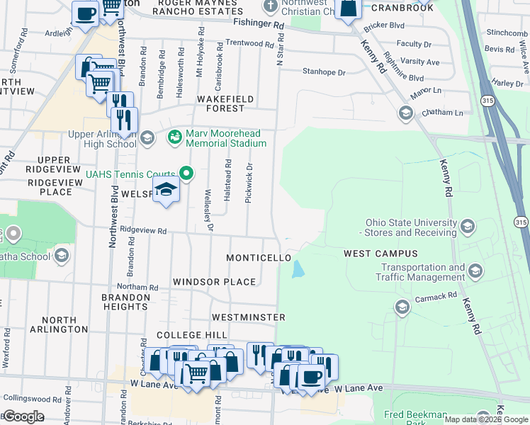 map of restaurants, bars, coffee shops, grocery stores, and more near 2826 Pickwick Drive in Columbus