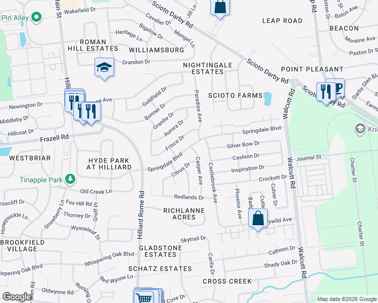 map of restaurants, bars, coffee shops, grocery stores, and more near 5176 Springdale Boulevard in Hilliard