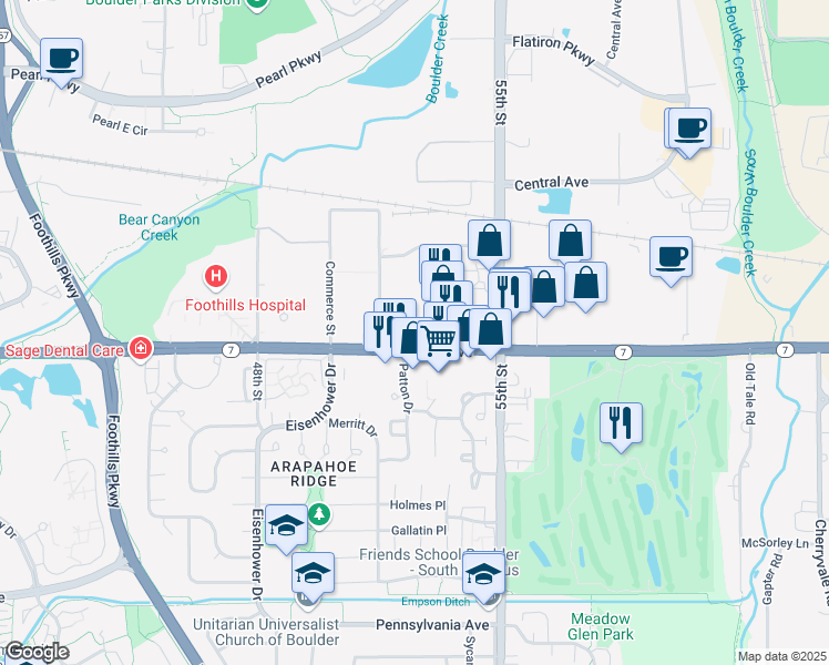 map of restaurants, bars, coffee shops, grocery stores, and more near 5345 Arapahoe Avenue in Boulder