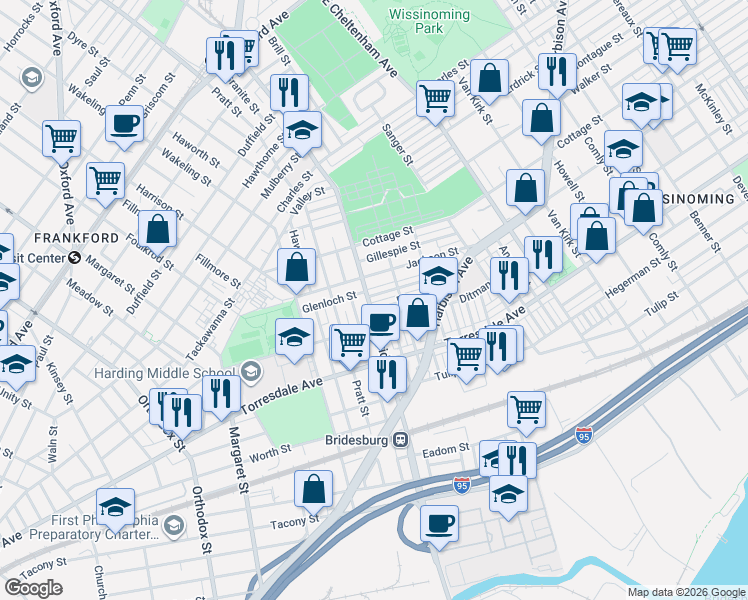 map of restaurants, bars, coffee shops, grocery stores, and more near 5226 Glenloch Street in Philadelphia