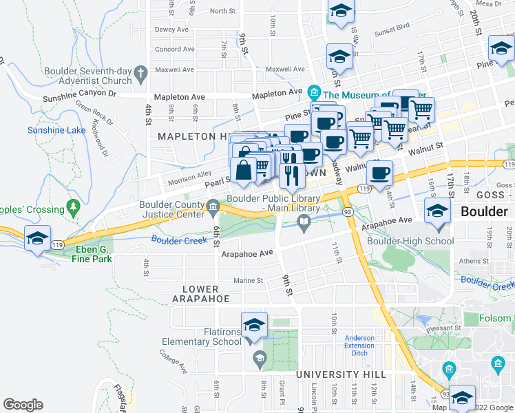 map of restaurants, bars, coffee shops, grocery stores, and more near 750 Walnut Street in Boulder