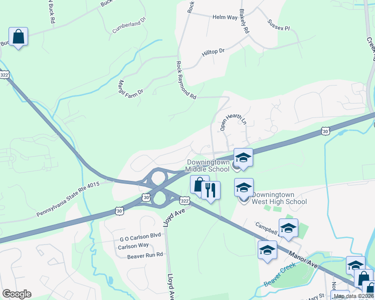 map of restaurants, bars, coffee shops, grocery stores, and more near 1101 South Red Maple Way in Downingtown