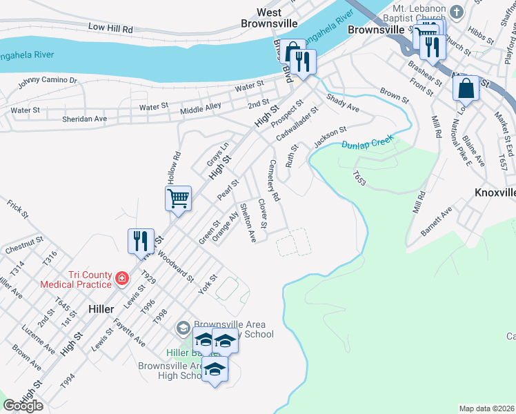 map of restaurants, bars, coffee shops, grocery stores, and more near 401 Green Street in Brownsville