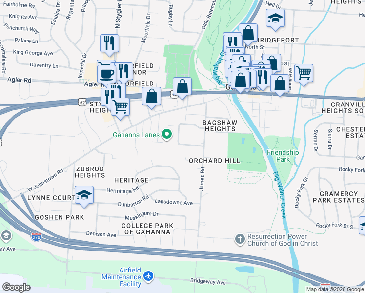 map of restaurants, bars, coffee shops, grocery stores, and more near 175 Creekside Green Drive in Columbus