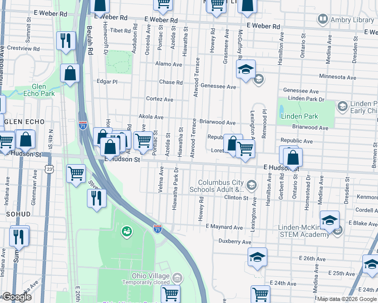 map of restaurants, bars, coffee shops, grocery stores, and more near 2465 Atwood Terrace in Columbus