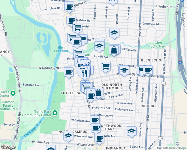 map of restaurants, bars, coffee shops, grocery stores, and more near 57 East Duncan Street in Columbus