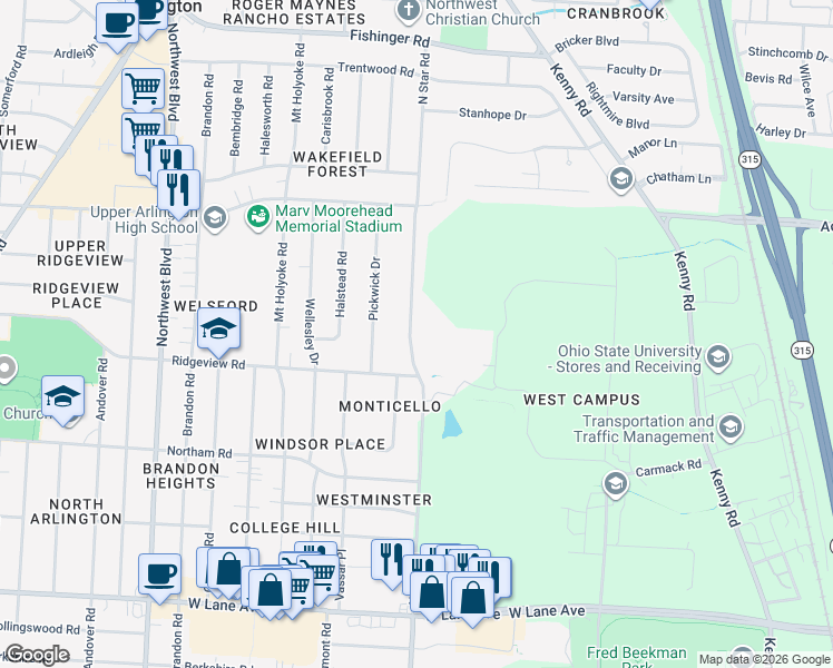 map of restaurants, bars, coffee shops, grocery stores, and more near 2812 North Star Road in Columbus