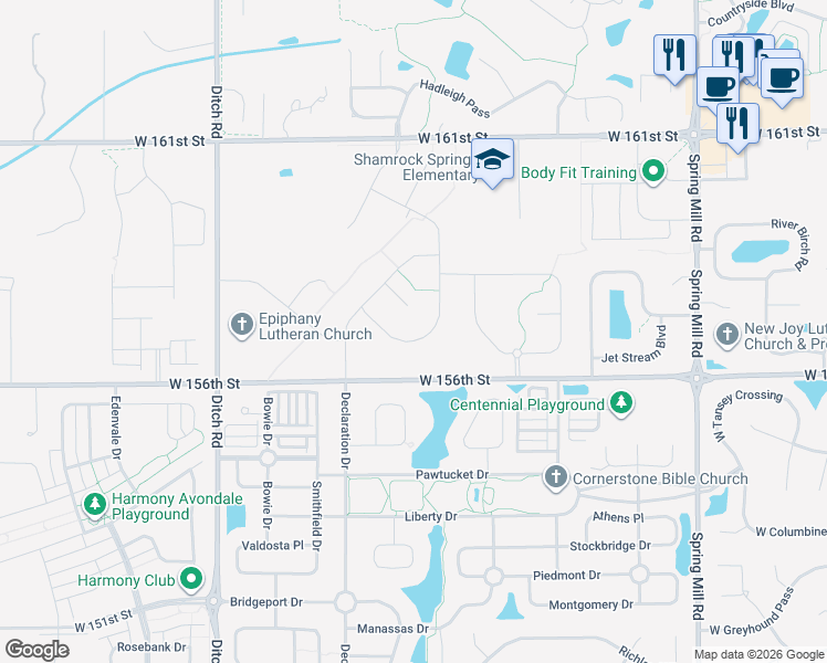 map of restaurants, bars, coffee shops, grocery stores, and more near 15732 Conductors Drive in Westfield