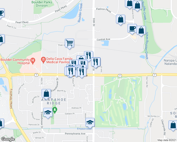 map of restaurants, bars, coffee shops, grocery stores, and more near 5495 Arapahoe Ave in Boulder