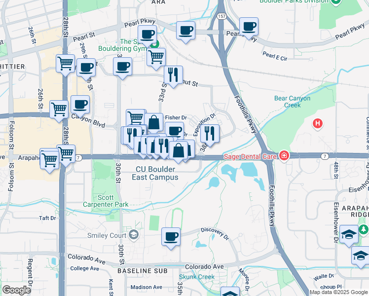 map of restaurants, bars, coffee shops, grocery stores, and more near 3601 Arapahoe Avenue in Boulder