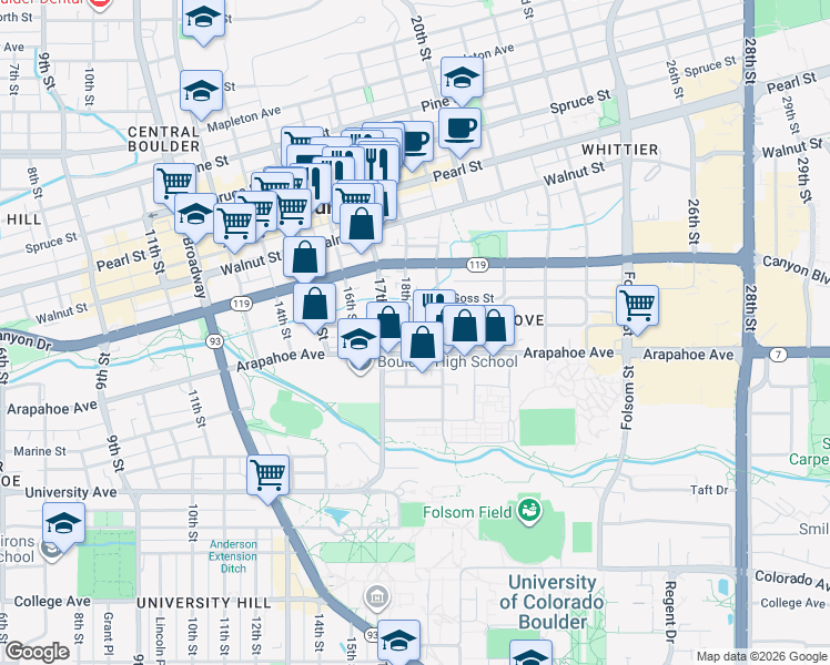 map of restaurants, bars, coffee shops, grocery stores, and more near 1810 Grove Street in Boulder