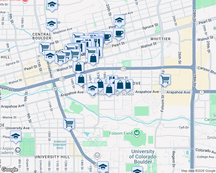 map of restaurants, bars, coffee shops, grocery stores, and more near 1816 Grove Street in Boulder
