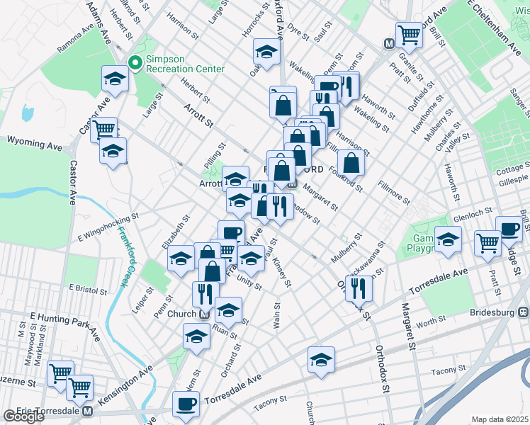 map of restaurants, bars, coffee shops, grocery stores, and more near 4622 Frankford Avenue in Philadelphia