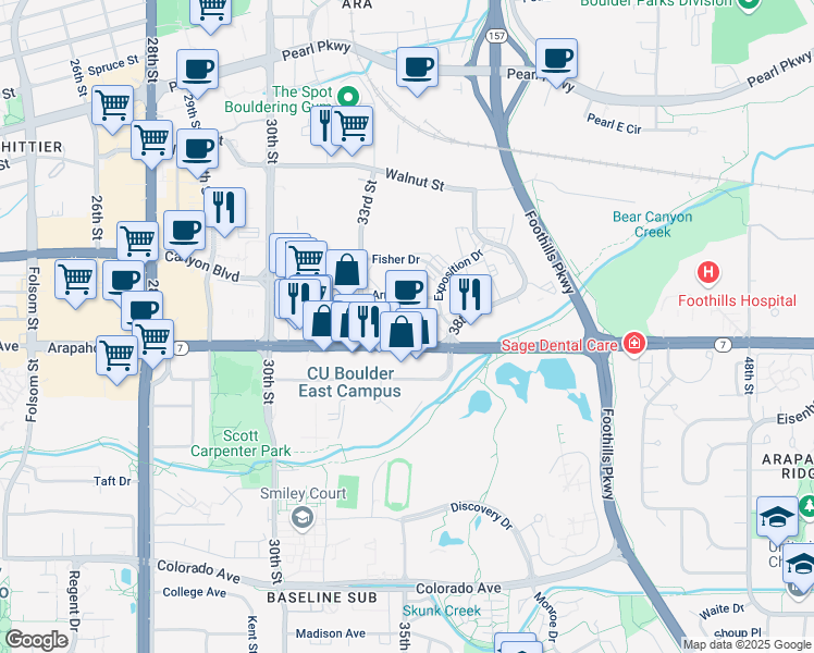 map of restaurants, bars, coffee shops, grocery stores, and more near 3301 Arapahoe Avenue in Boulder