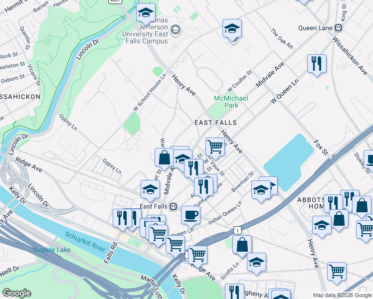 map of restaurants, bars, coffee shops, grocery stores, and more near 3419 Midvale Avenue in Philadelphia