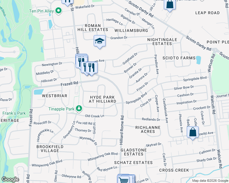 map of restaurants, bars, coffee shops, grocery stores, and more near 3106 Hyde Park Court in Hilliard