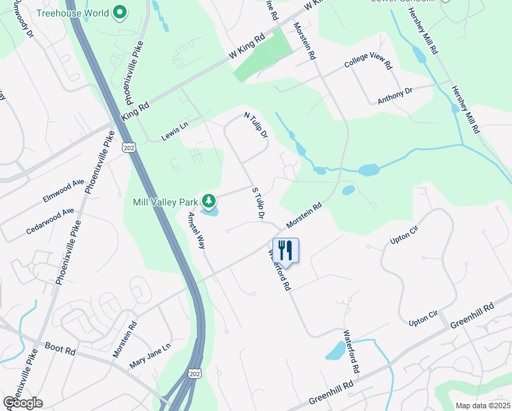 map of restaurants, bars, coffee shops, grocery stores, and more near 1308 South Tulip Drive in West Chester